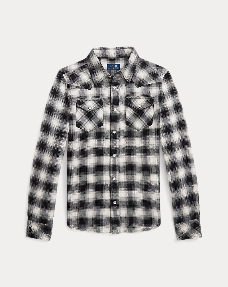 Polo Ralph Lauren Plaid Flannel Western Button Shirt Big Girls 10 Cream/Black - Picture 2 of 20