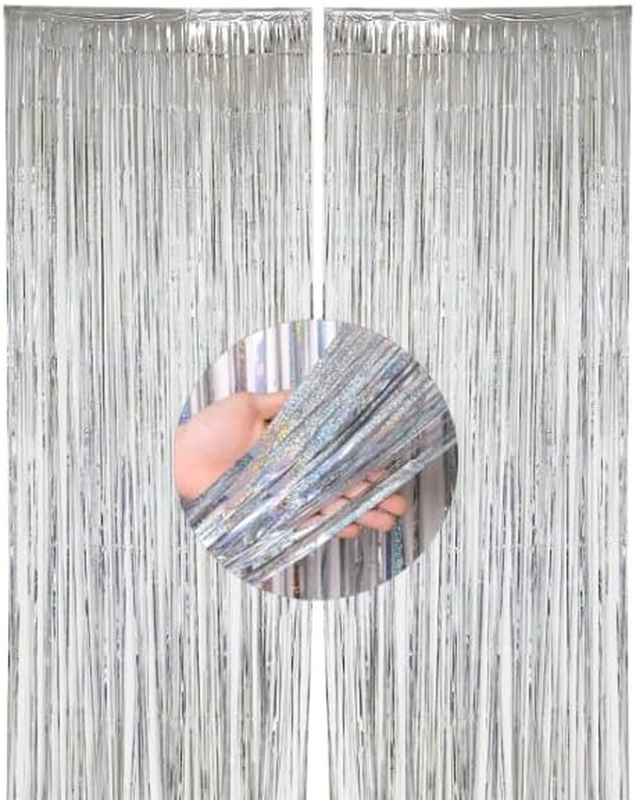 2 Pack Foil Curtain Backdrop, Silver Metallic Tinsel Foil Fringe | Curtains Phot