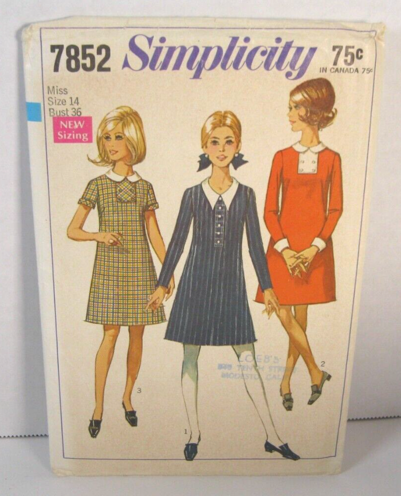 Vintage Simplicity 7852 A-Line Dress w/ 2 Necklines Misses