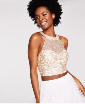 SAY YES TO THE PROM Womens  Prom Crop Top Gold Halter Size 3