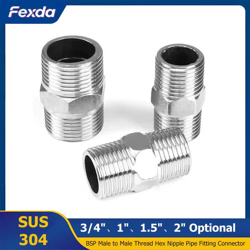 304 Stainless Steel Male to Male Thread Hex Nipple Pipe Fitting Connector Couple
