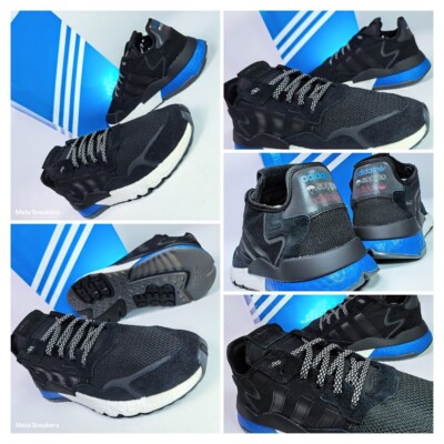 US 13 Adidas Men's Black White Blue Retro Runner Boost Comfort Night Jogger New
