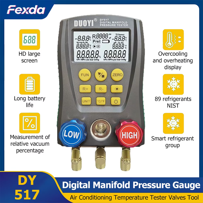 DY517 Digital Refrigeration Pressure Gauge Air Conditioning Temperature Detector