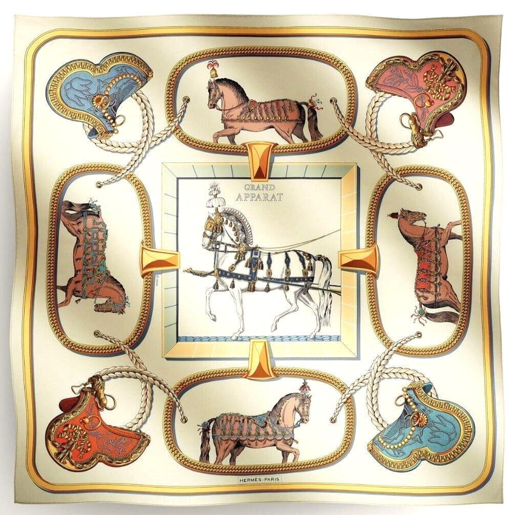 HERMES Carre 90 GRAND APPARAT scarf 100% Silk W/Box HG/CREME HERMES Carre 90 GRAND APPARAT scarf 100% Silk W/Box HG/CREME