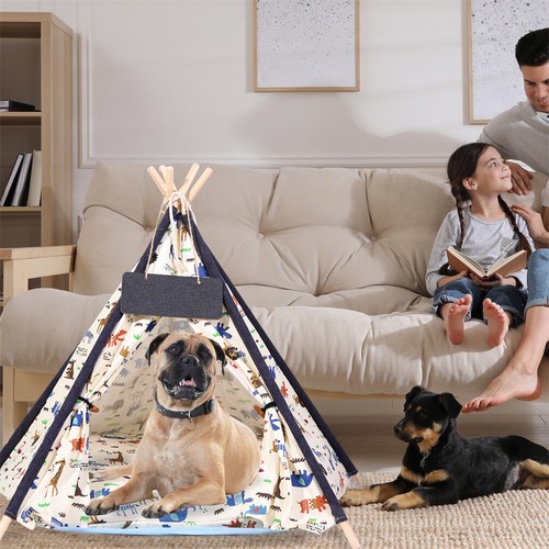Folding Pet Canvas Tent Sturdy Wood Poles Dog Cat House with Mat&Name Blackboard