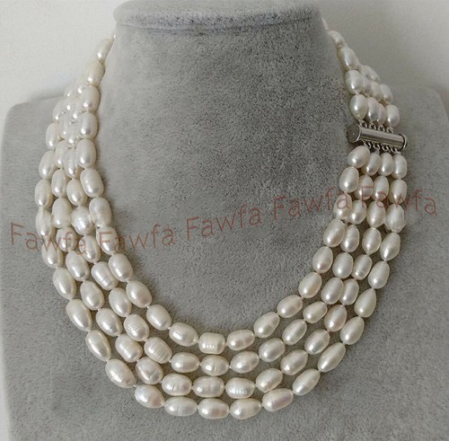 4 Rows 7-8mm Natural White Baroque Freshwater Cultured Pearl