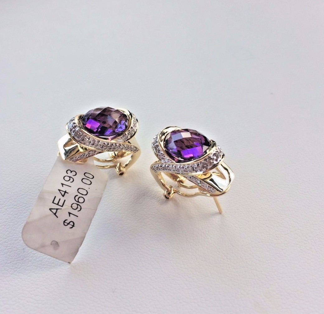 Pre-owned Amethyst Oval Purple  & White Diamonds Earrings Omega Back In 14k Yellow Gold
