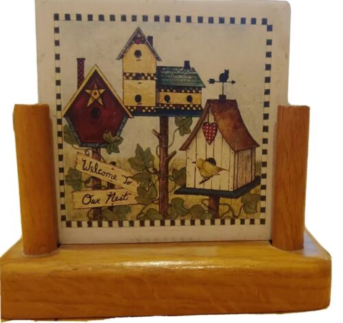 Ceramic Welcome To Our Nest Birdhouses Coaster Set of 4 Wooden...