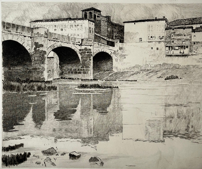 Vue Pont Gravure Eau Forte Pierre Labrouche Marcel Guiot Xx°
