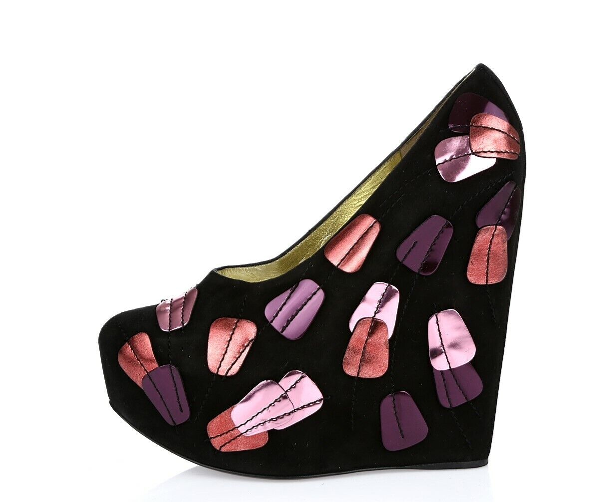 DOLCE & GABBANA black suede metallic petals wedge heels sz DOLCE & GABBANA black suede metallic petals wedge heels sz
