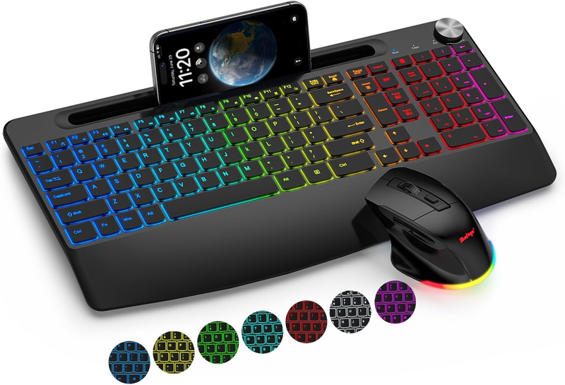 Wireless Keyboard and Mouse Combo Backlit, 2.4G Rechargeable Ergonomic Gaming Keyboard with Wrist Rest, Phone Holder, Volume Knob, Silent Light up Keyboard with Mouse for Computer Laptop