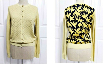 Clements Ribeiro Sz XS Gold Knit Pointelle Cardigan with Bird Design