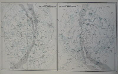 Northern Southern Night Sky Constellations 1890 scarce folio Scribner-Black map