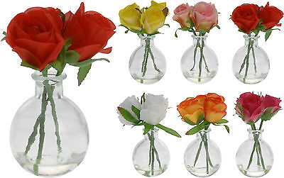 2 Glass Bud Vases 3 Artificial Roses Artificial Flowers Vase Restaurant Weddings