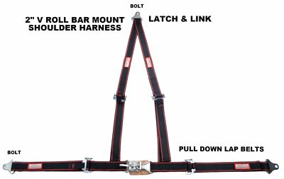 BUGGY 3 POINT 2'' SEAT BELT LATCH & LINK V ROLL BAR MOUNT BLACK & RED BOLT IN
