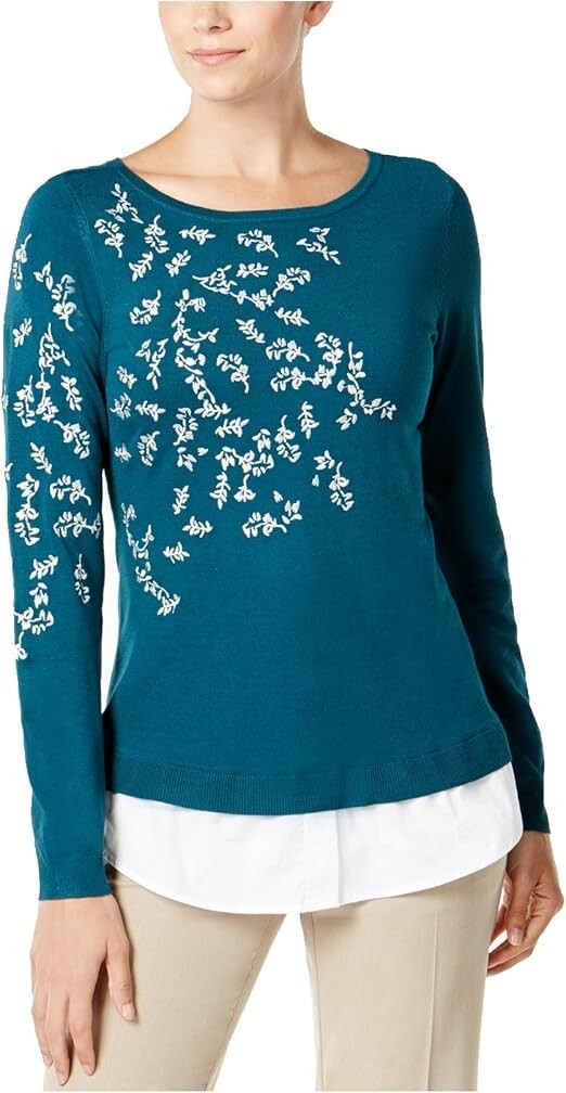 Charter Club Layered-Look Embroidered Sweater Women's L Deep Pine Crew Neck L/S - Picture 1 of 16