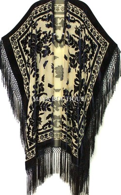 Pre-owned Maya Matazaro Caftan Duster Fringe Jacket Kimono Black Beige Silk Burnout Velvet