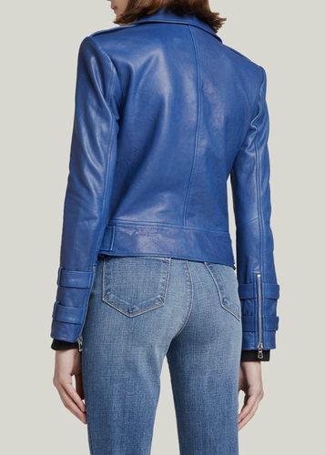 Pre-owned L'agence $1396 L' Agence Women's Blue Billie Belted Lambskin-leather Moto Jacket Size Xs