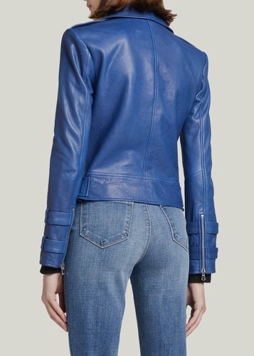 Pre-owned L Agence $1396 L' Agence Women's Blue Billie Belted Lambskin-leather Moto Jacket Size Xs