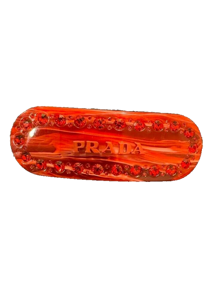 PRADAヘアピン PRADA plex Hair clip Orange Red Gold Logo Crystal Auth Italy