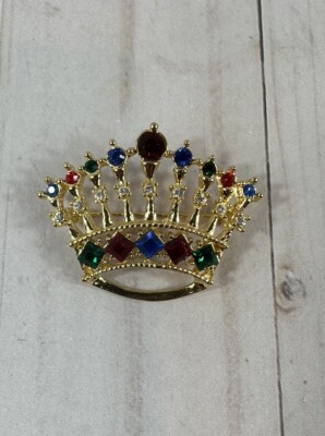 Rhinestone Embellished Royal Crown Brooch/Pin, Gold Tone