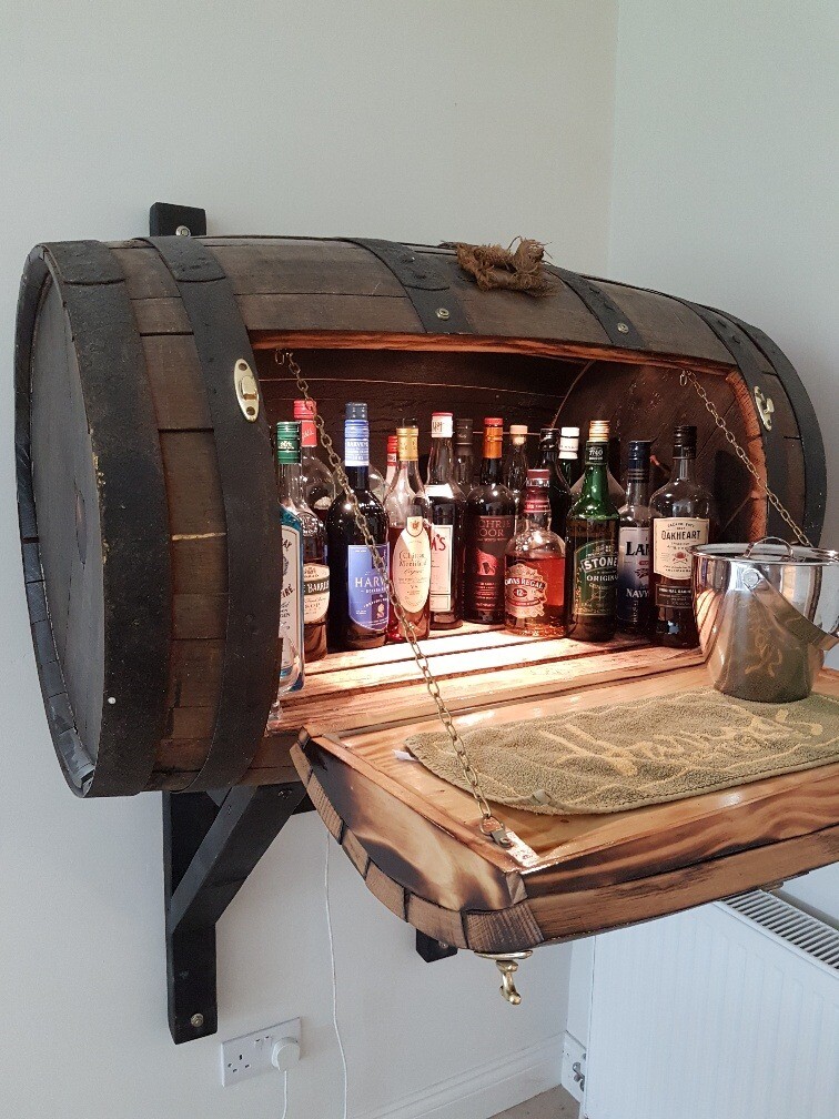 Oak barrel drinks cabinet, Wall mounted with lighting. Lovely focal