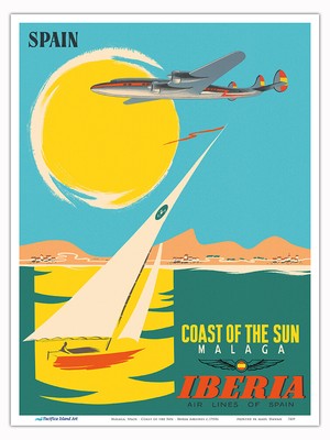 Málaga, Spain - Coast of the Sun - Vintage Iberia Airlines Travel Poster 1950s