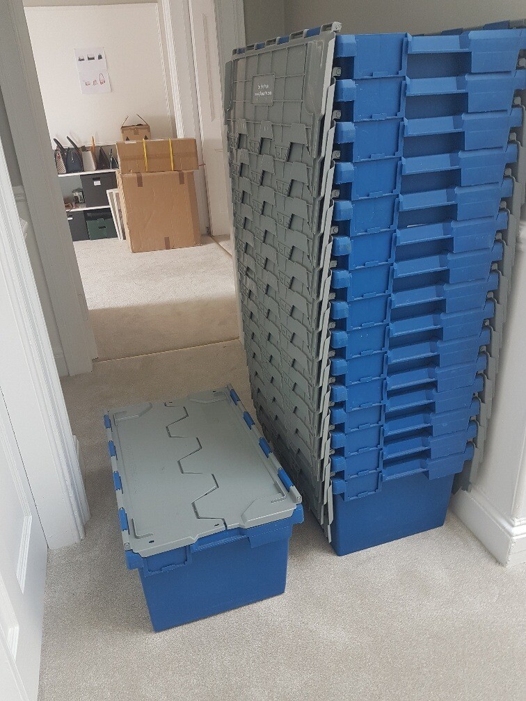 Used 80 Ltr Large Plastic Storage & Moving Crates Boxes with Lids