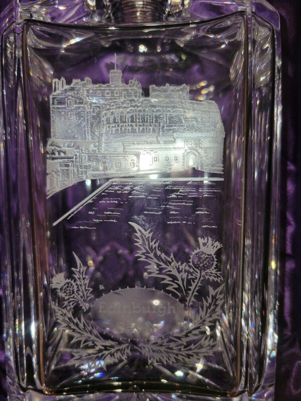Edinburgh Scotland Vintage Etched Castle Square Crystal Whiskey Decanter in Box