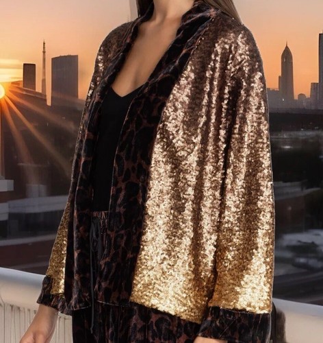 Pre-owned Johnny Was Xl 1x Kimono Silk Velvet & Sequin Gold & Leopard Jacket Wrap Coat
