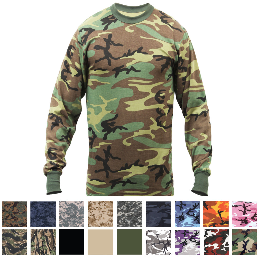 Camo Long Sleeve T-Shirt Tactical Military Crew Tee Undershirt Army Camouflage