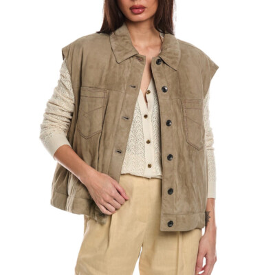 Pre-owned Brunello Cucinelli Women's 100% Genuine Leather Vest Jacket In Brown