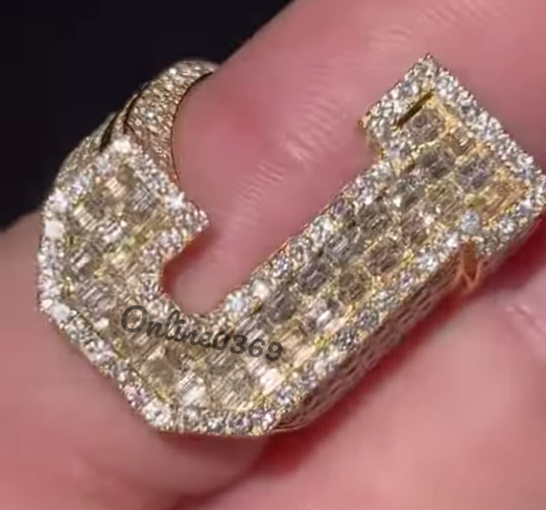Pre-owned Online0369 Men 4.1ct Baguette Cubic Zirconia Customize J Letter Ring Silver Free Stud In Yellow