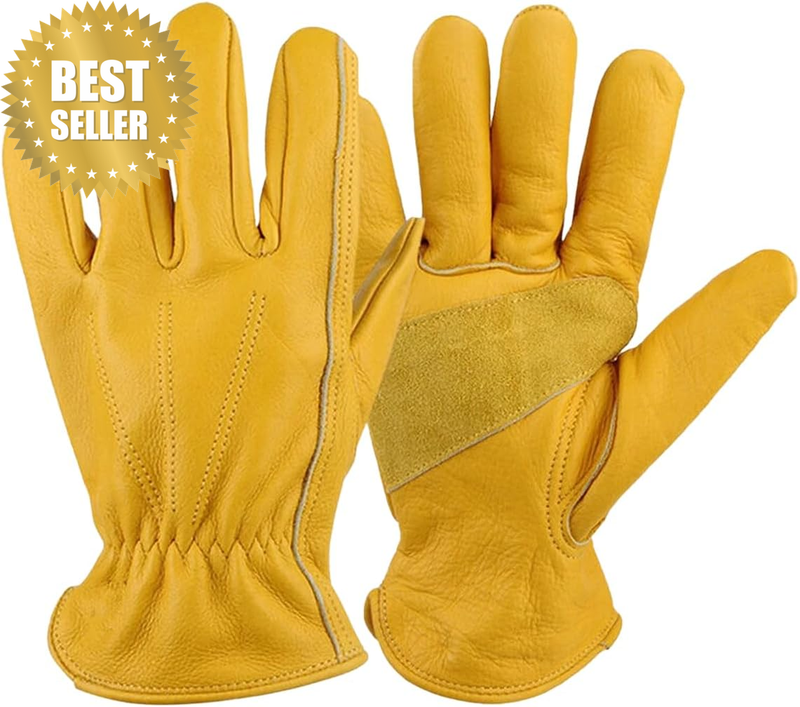 Golden Yellow Cowhide Work Gloves for Construction and Gardening, Breathable All