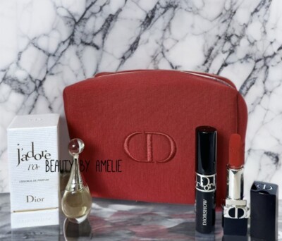 4PC DIOR Jadore L'or Essence De Parfum/Lipstick/Diorshow Mascara & Red Pouch