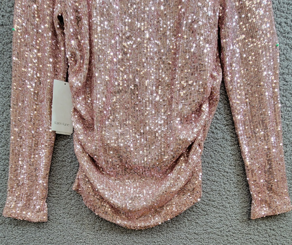 Karen Kane Side Shirred Sequin Top Womens M Pink Round Neck Long Sleeve Pullover - Picture 14 of 15