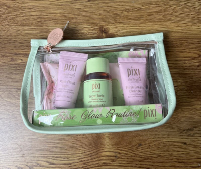 PIXI Rose Glow Routine Set in Travel Bag, Balm, Toner, Cleanser & Make Up Wipes