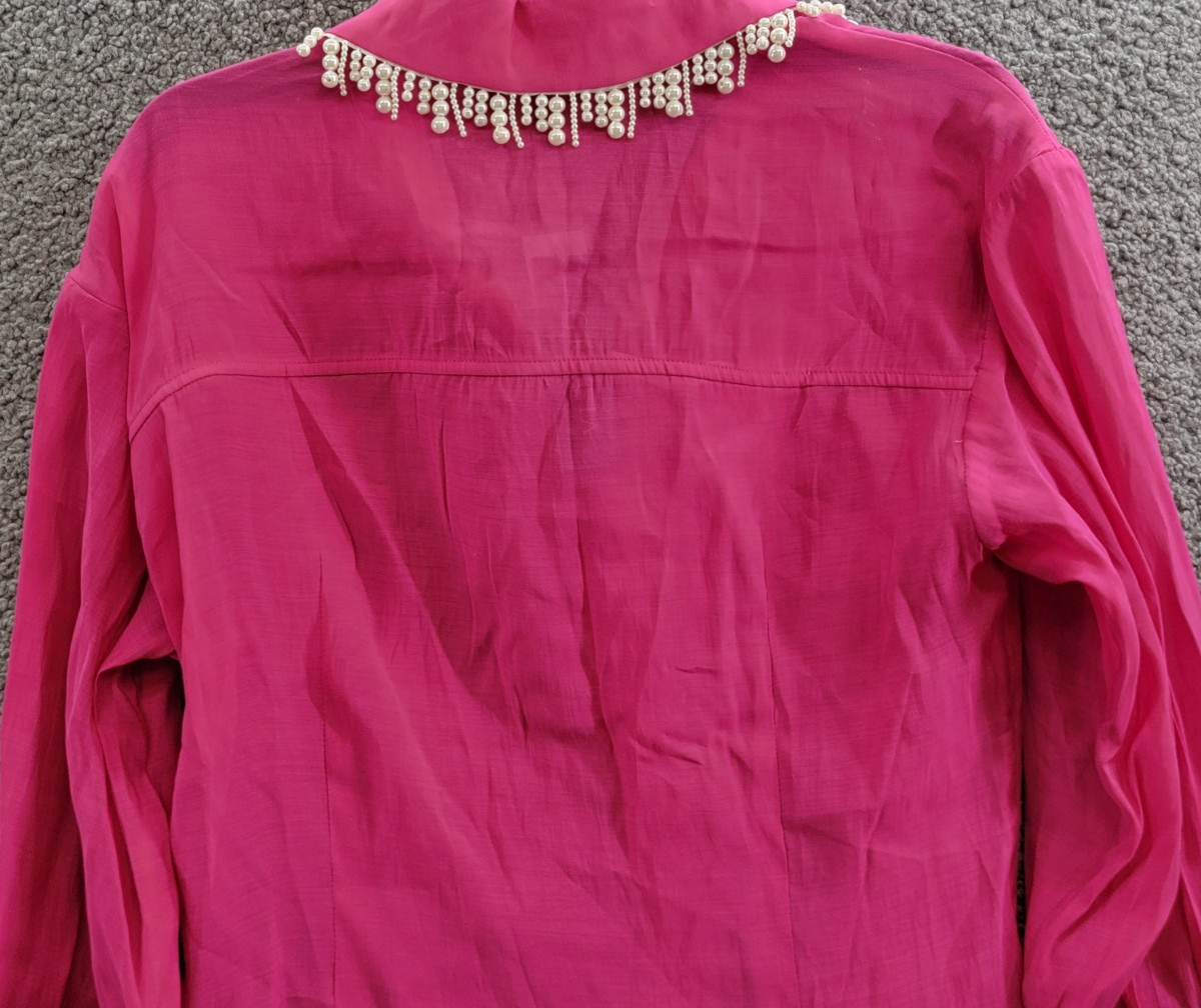 Gracia Faux Peal Trim Collar Top Women's S Fuchsia Button Front Placket L/S - Picture 12 of 14