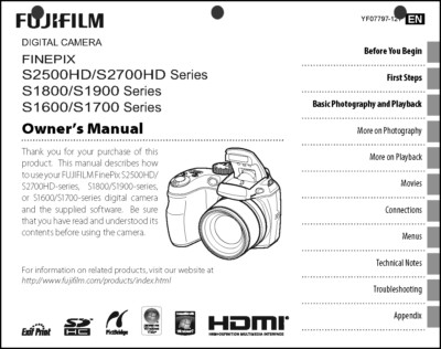 FujiFilm FinePix S1600 S1700 S1800 S1900 S2500 HD S2700 HD Digital Camera Manual