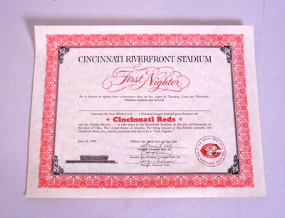 BIg Red Machine 1970 Cincinnati Reds Riverfront Stadium  1 st Night Certificate