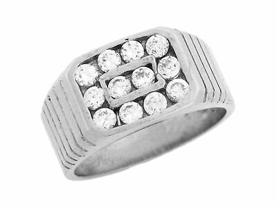 Pre-owned Jackani 10k Or 14k White Gold Mens Round Cut Cz Rectangle Cluster Ring With Detail