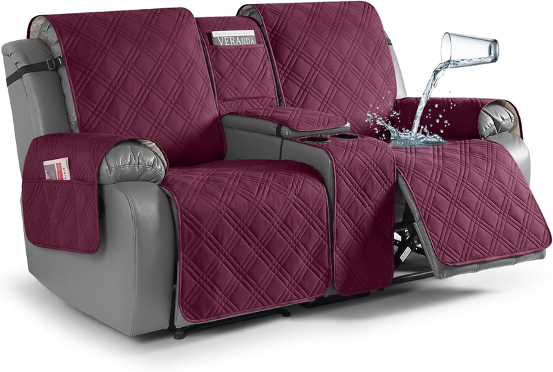 Waterproof Loveseat Recliner Cover with Console, Non-Slip Reclining Loveseat with Console Cover with Pocket, Split Recliner Sofa Covers Furniture Protector for Pets Dogs(2 Seater, Wine)