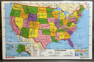 Pristine 17''X11'' Laminated double sided United States 3C & World Map 3D Nystrom