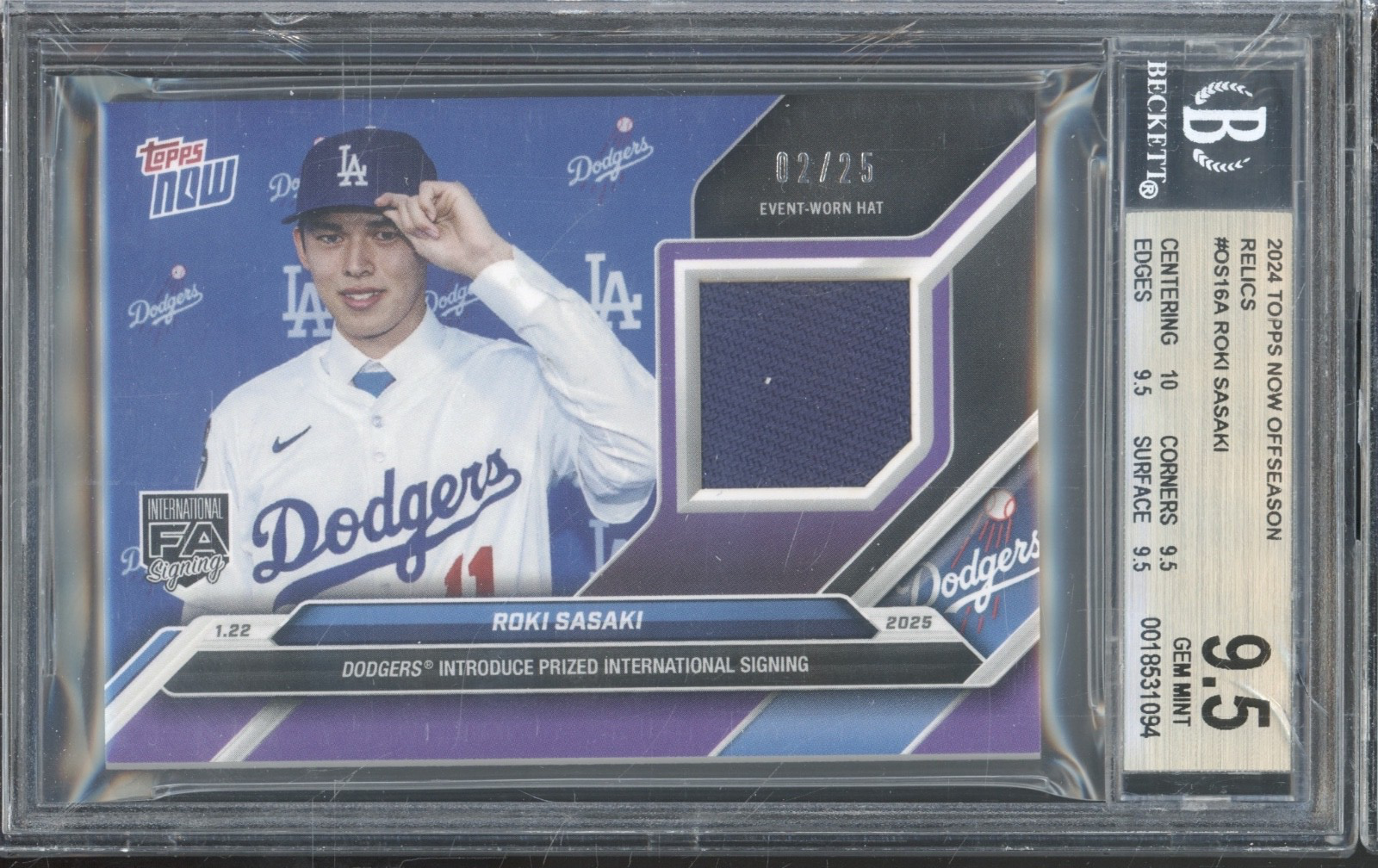 2024 Topps Now Signs Dodgers Roki Sasaki /25 Jersey RC Rookie Gem Mint BGS 9.5