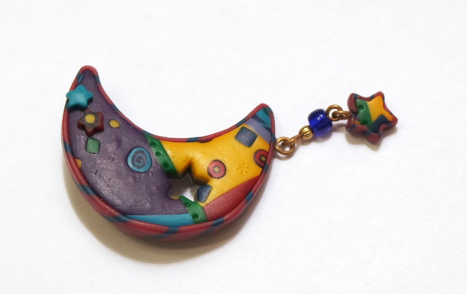 Homemade Hand Made MULTICOLOR CRESCENT MOON WITH DANGLING STAR Brooch Pin