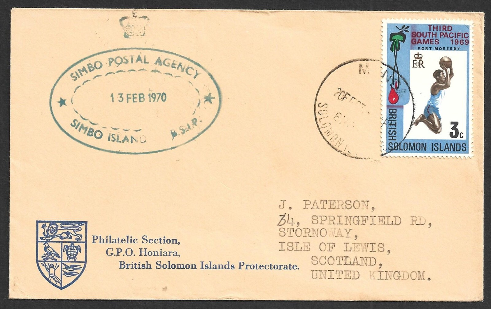 (BL) Solomon Islands 1970 SIMBO POSTAL AGENCY SIMBO ISLAND crowned oval cover
