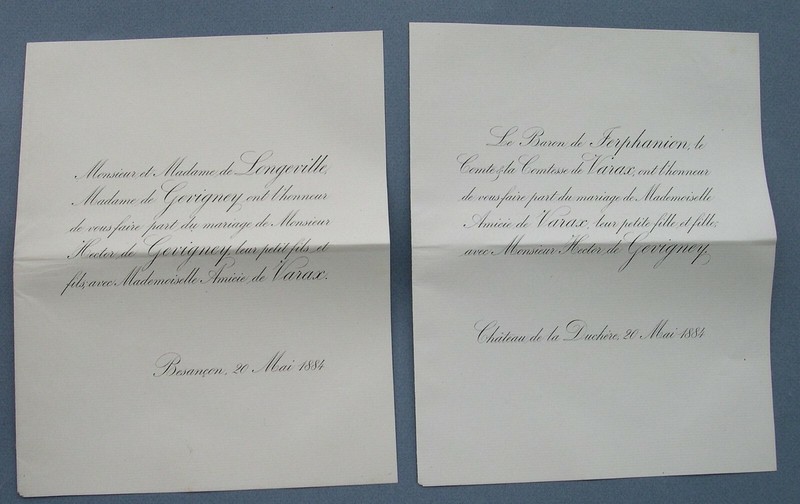 Faire Part Mariage 1884 Hector De Gevigney & Amicie De Varax 