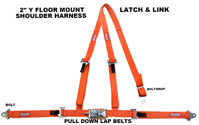 RACERDIRECT 2'' LATCH & LINK Y FLOOR MOUNT HARNESS. 3 POINT BUGGY BELT ORANGE