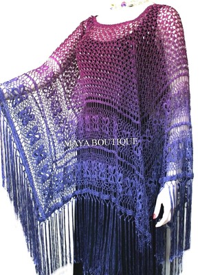 Pre-owned Maya Matazaro Crochet Poncho Shawl Top Hand Dyed Magenta Purple Ombree  One Size In Purple Magenta