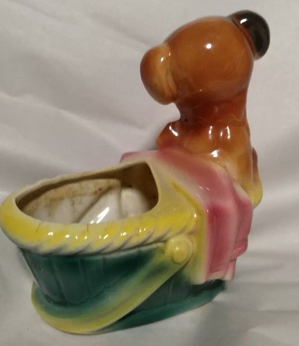 VINTAGE ROYAL COPLEY PUPPY DOG IN  PICNIC BASKET PLANTER